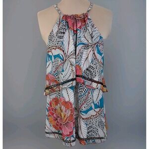Trina Turk Womens Silk Floral‎ Layered Crochet  Halter Top Feminine Maximalist
